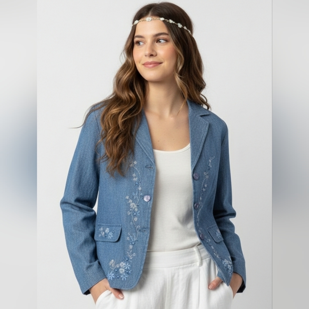 Vintage Jenny Chambray Jacket Blazer Embroidered Beaded Boho L